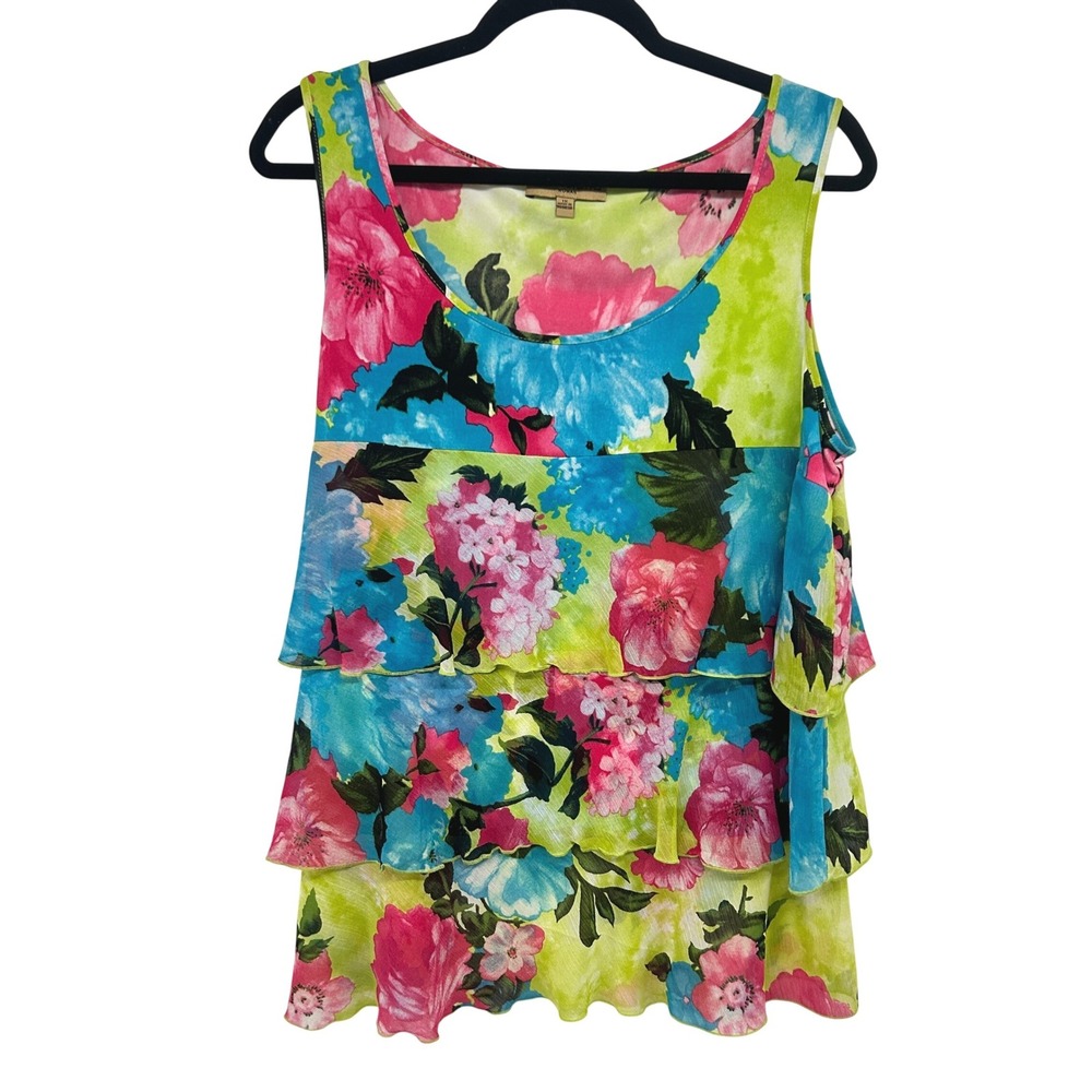 Tropical Floral Tiered Tank Top 1X Colorful Sleeveless Resort Vacation Coastal